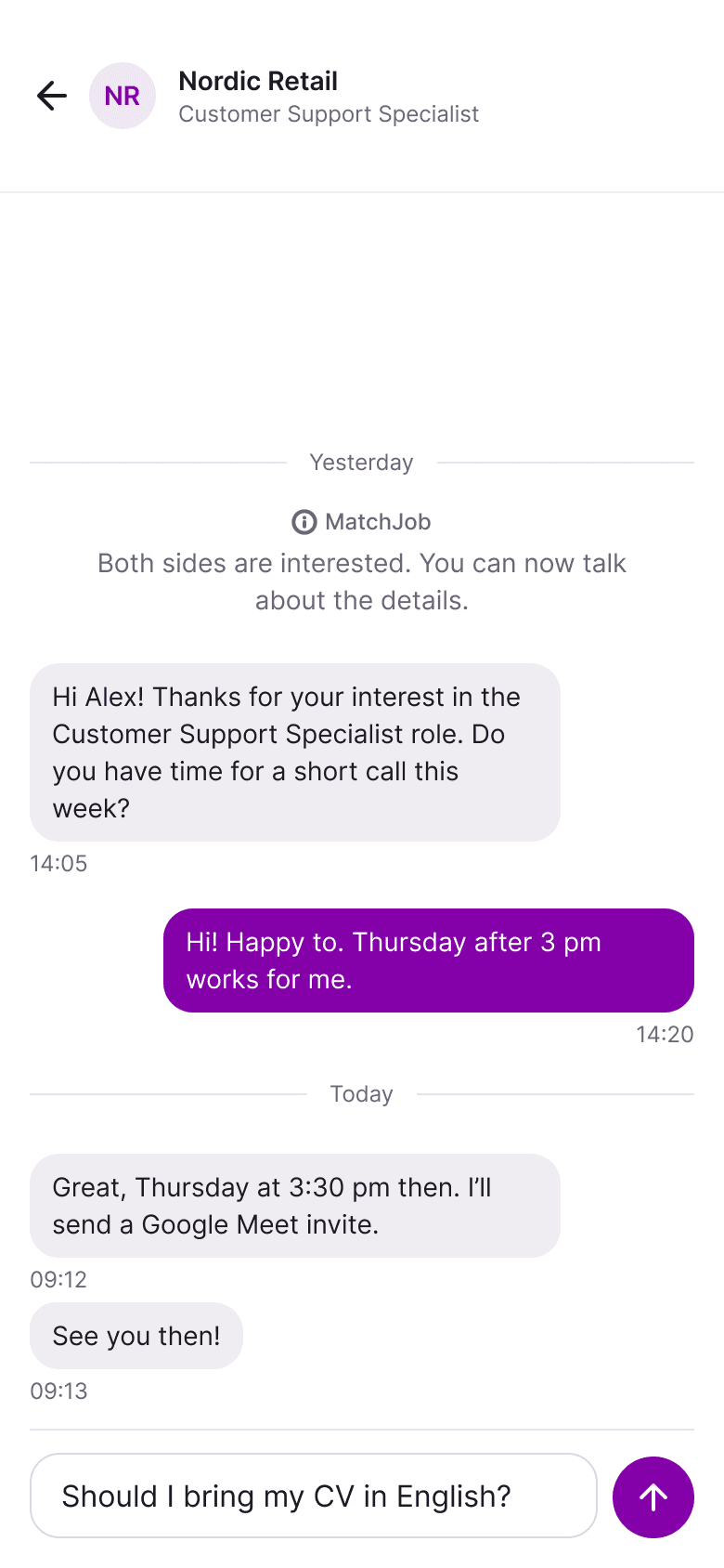 MatchJob mobile app: Conversation with a recruiter
