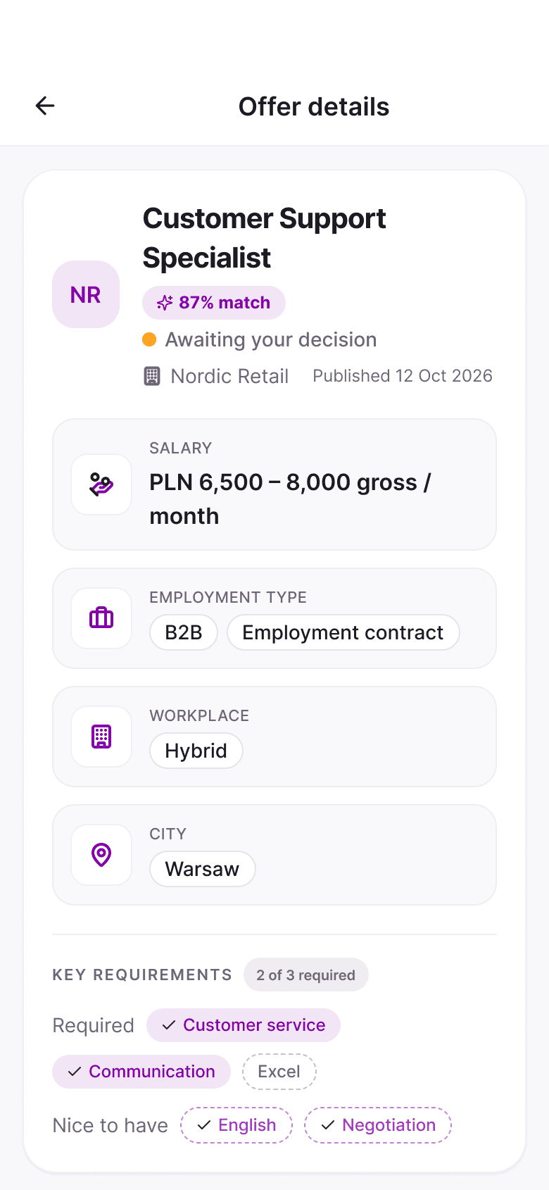 MatchJob mobile app: Match breakdown