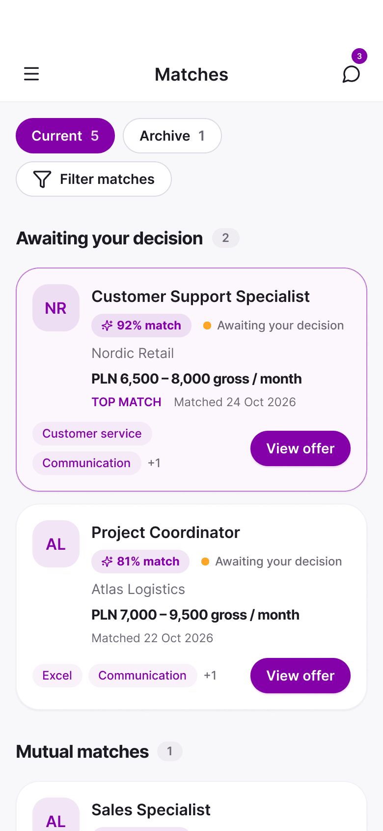 MatchJob mobile app: Matched offers