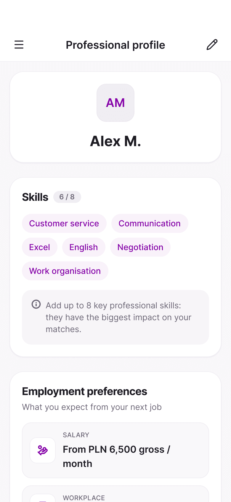 MatchJob mobile app: Profile and preferences