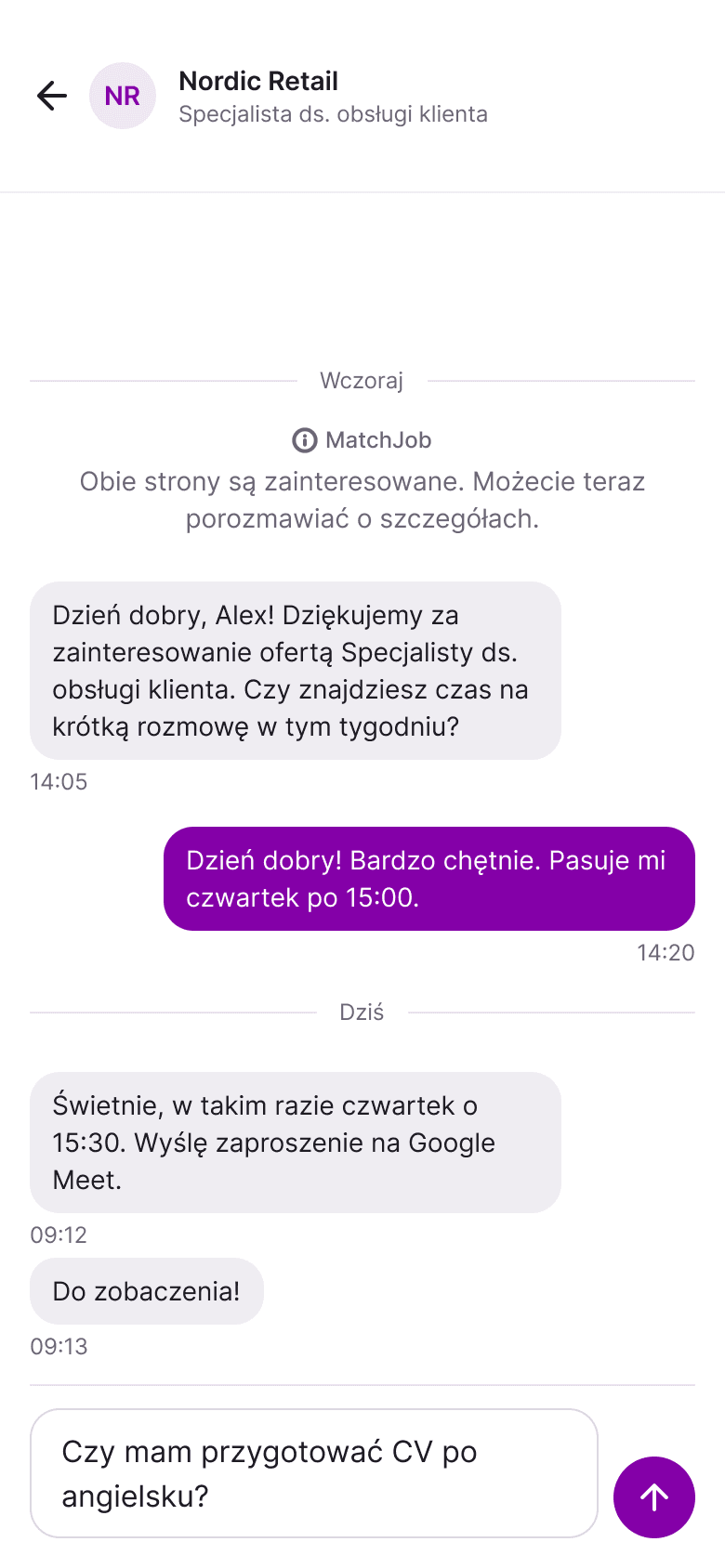 Aplikacja mobilna MatchJob: Rozmowa z rekruterem