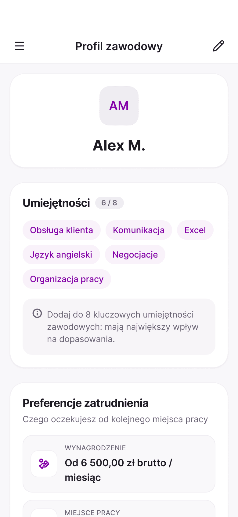 Aplikacja mobilna MatchJob: Profil i preferencje