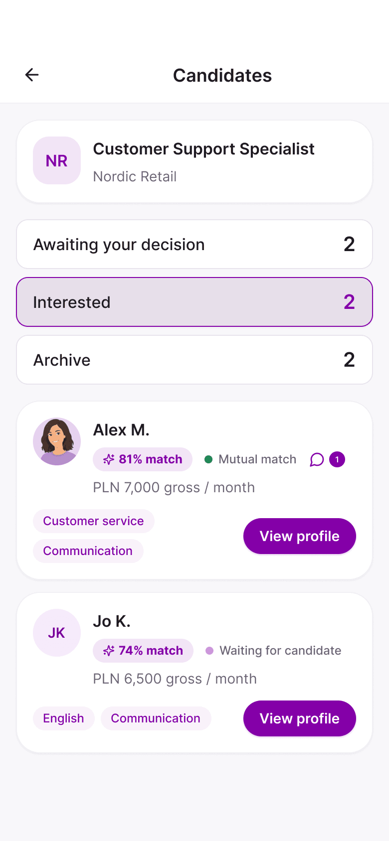 MatchJob recruiter app: Matched candidates