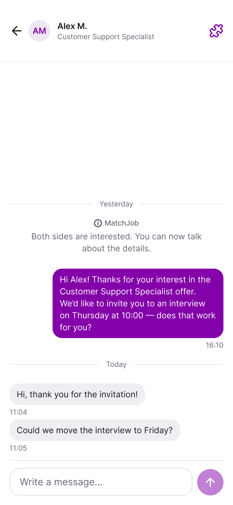MatchJob recruiter app: Conversation with a candidate