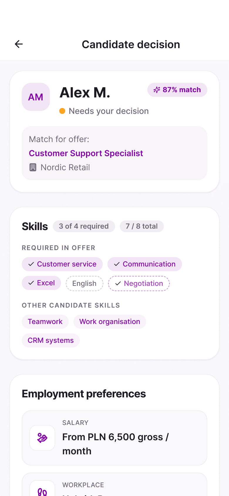 MatchJob recruiter app: Candidate decision