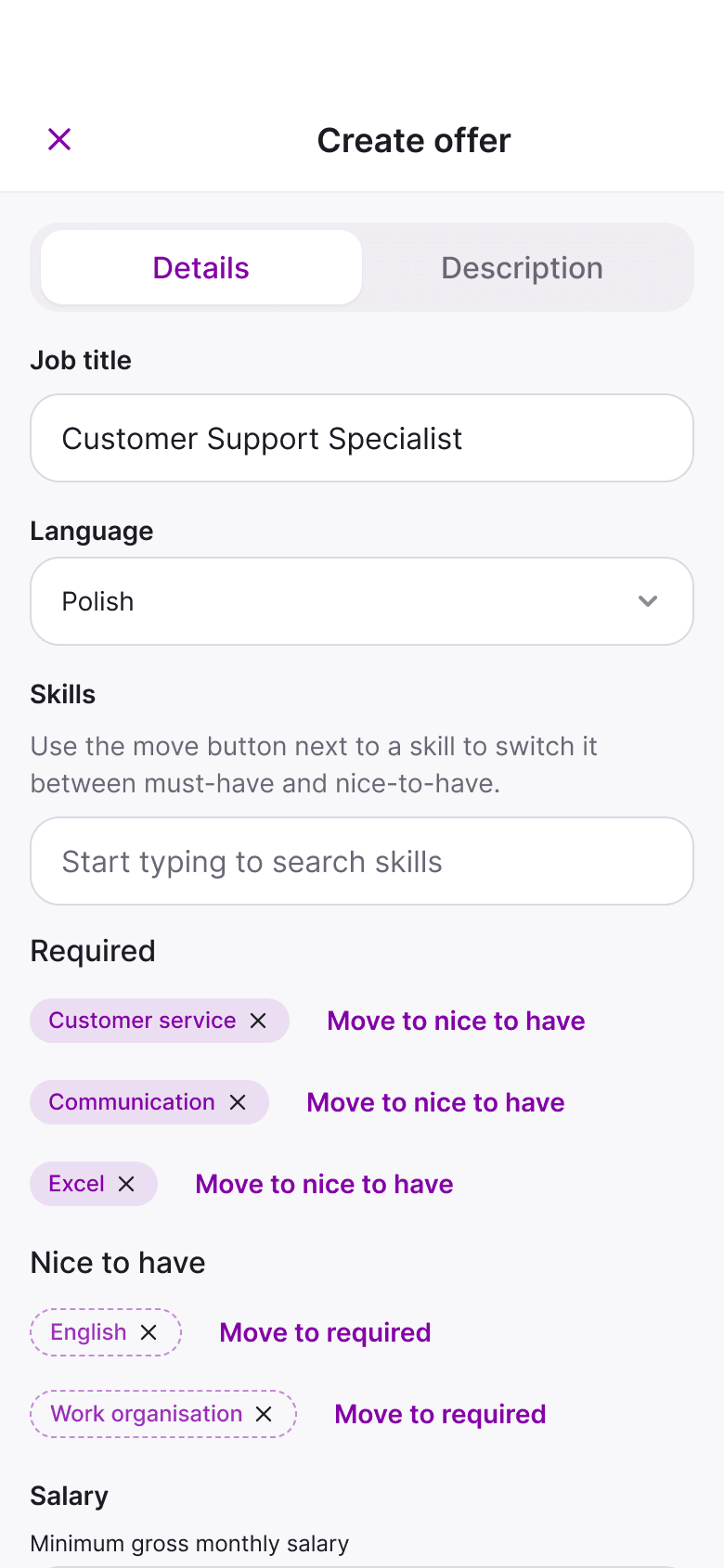 MatchJob recruiter app: Offer creation