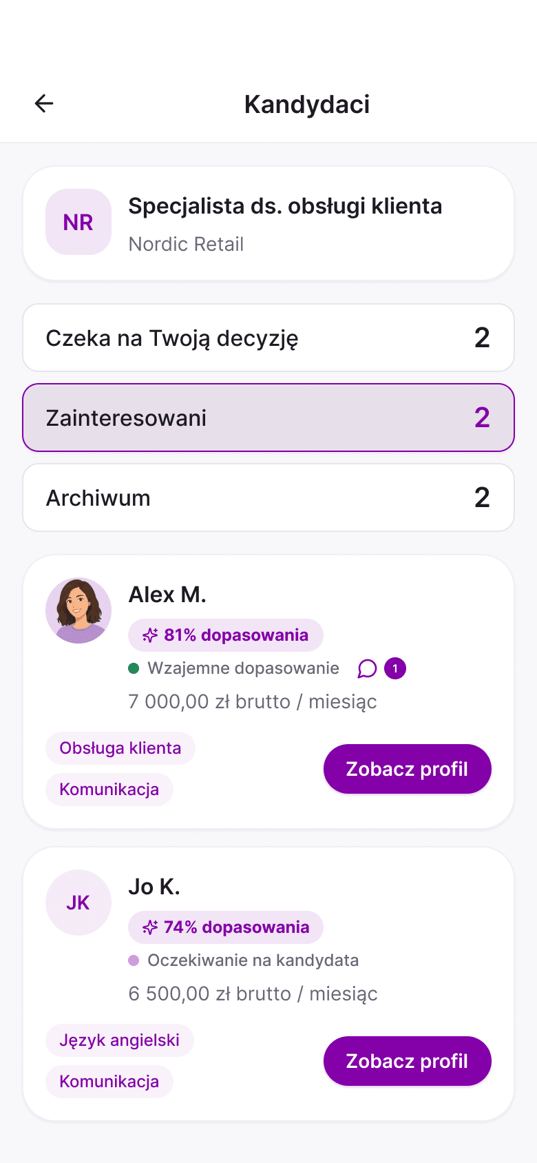 Aplikacja MatchJob dla rekrutera: Dopasowani kandydaci